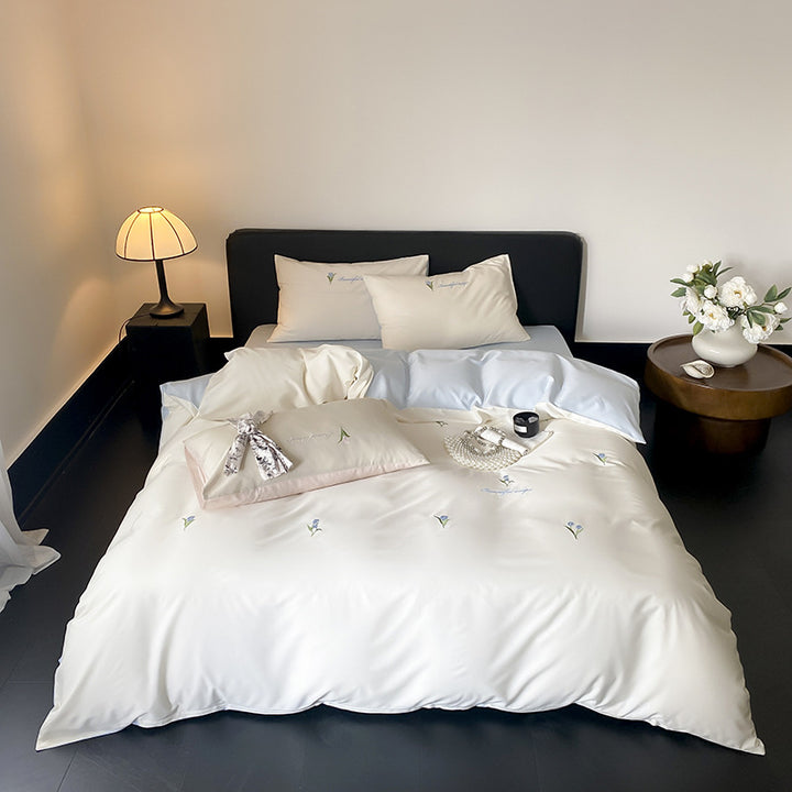 Botanisch besticktes Baumwollsatin Bettbezugset mit Kissenbezügen