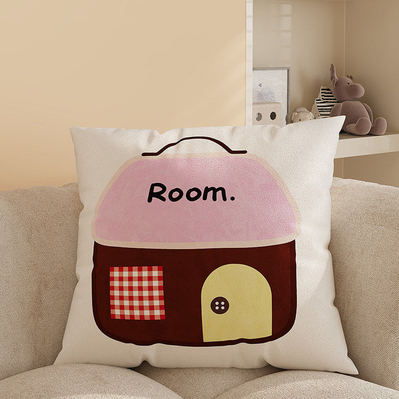 Square Plush Decorative Cushion Pillow with Illustrated House 'Room' Motif