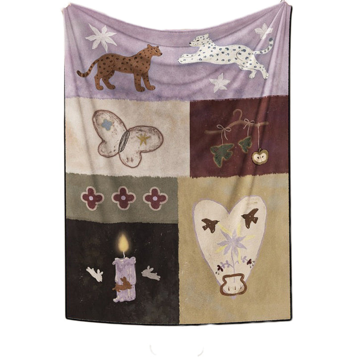 Patchwork Illustrated Plush Throw Blanket with Fleece Backing and Whimsical Animal Panels