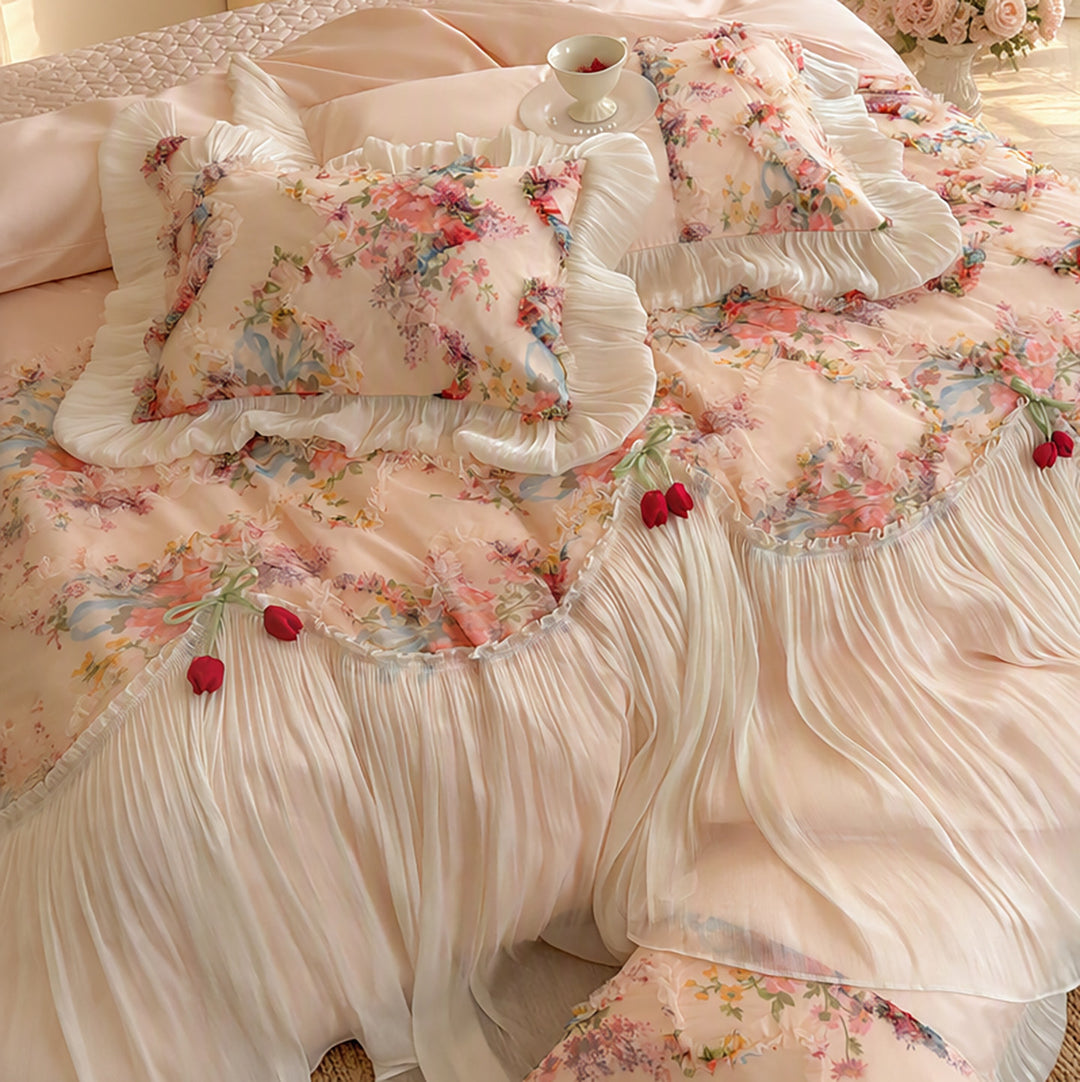 Romantisches Schichten Chiffon Plissierte Bettbezug Set mit Floralen Organza Rüsche und Kissenbezüge