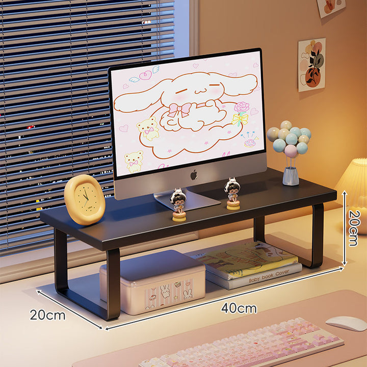 Kompakte Holz-Desktop-Monitorerhöhung mit Metallbeinen und unterer Ablagefläche