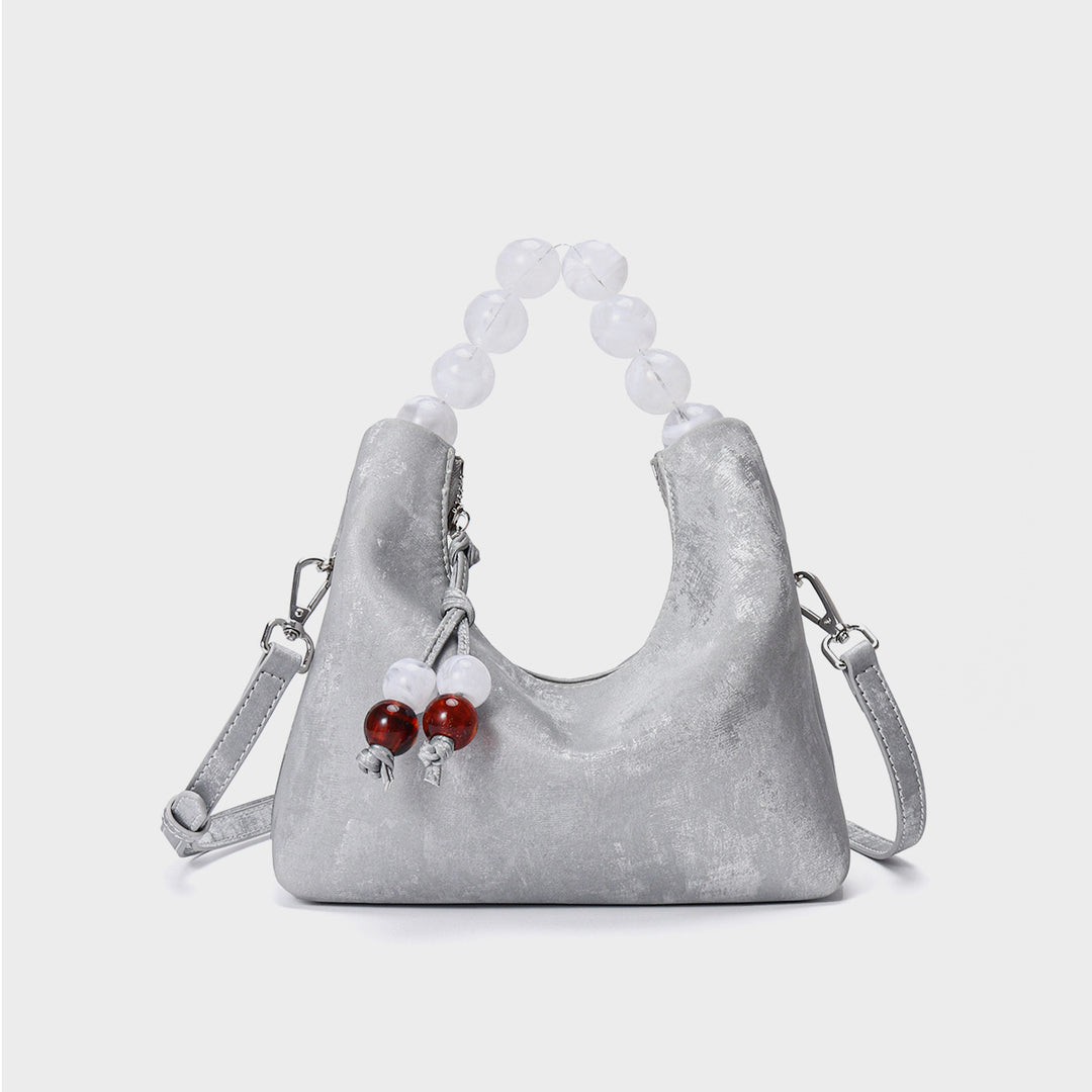 Wildleder Halbmond Schultertasche mit Acrylperlen-Obergriff & abnehmbarem Umhängegurt