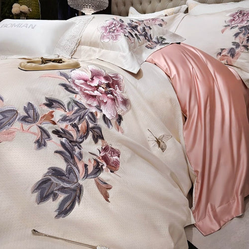 Besticktes Pfingstrosen-Jacquard-Bettbezug-Set mit satinierter Wende-Innenfutter und Spitzen-Oxford-Kissenbezügen