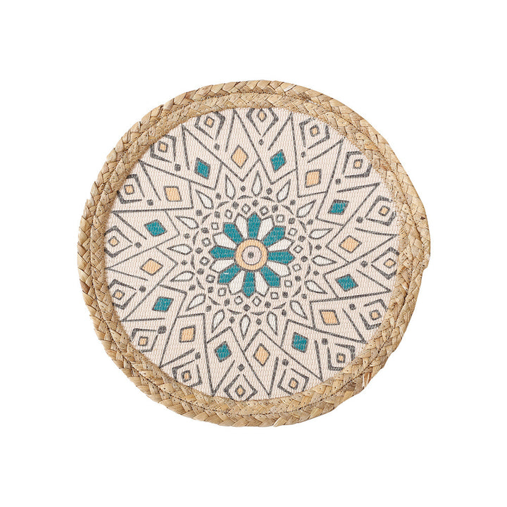 Rundes gewebtes Tischset aus Jute mit Mandala-Baumwollauflage Karnz