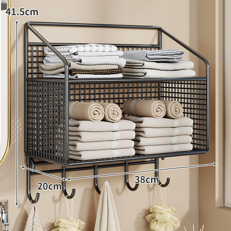 Wandmontierter Gitter-Mesh-Badezimmer-Organizer mit mehreren Regalen und integrierten Haken