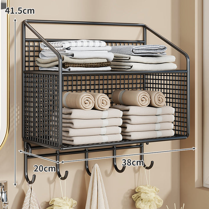Wandmontierter Gitter-Mesh-Badezimmer-Organizer mit mehreren Regalen und integrierten Haken
