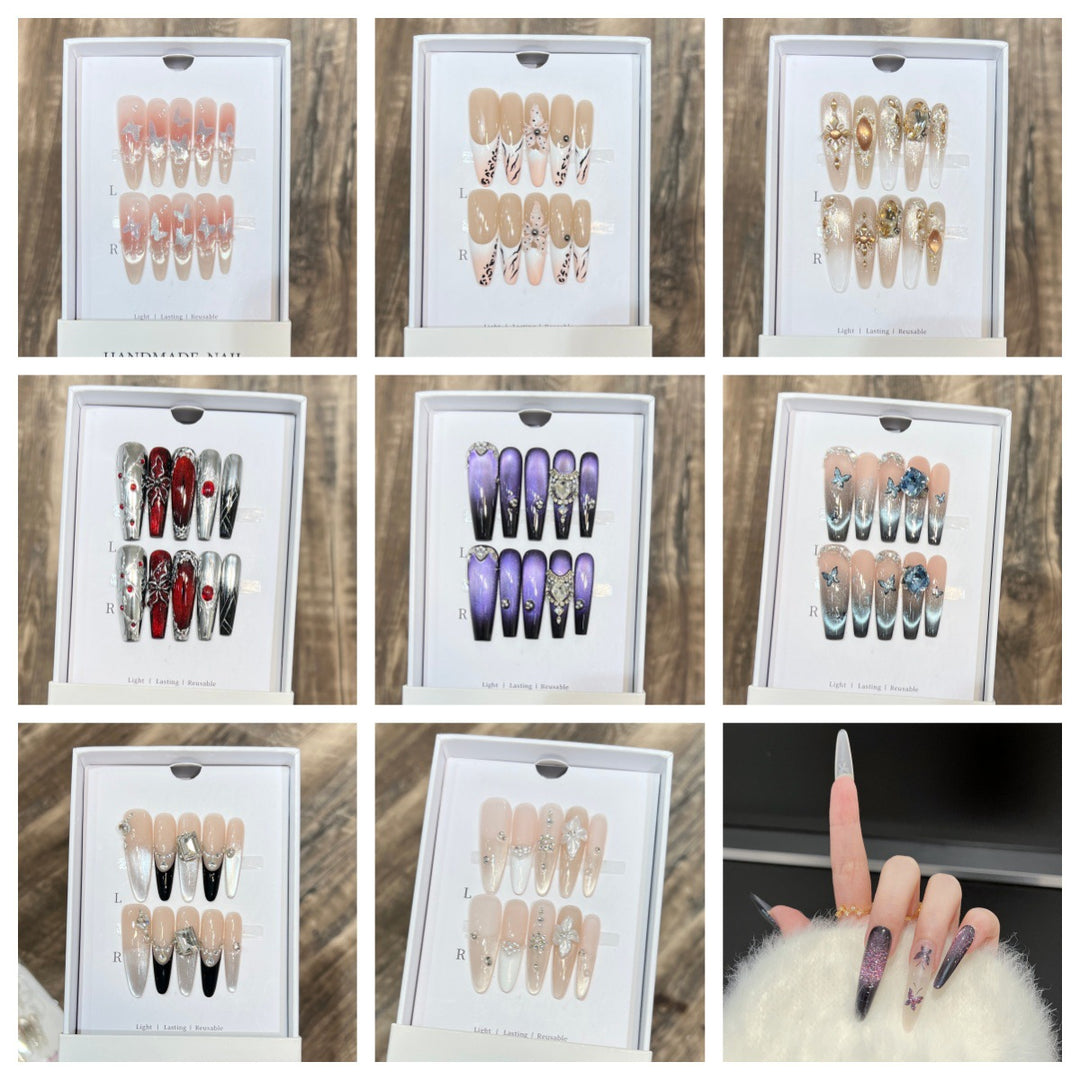 Dekoratives Press-On Nagelkunst-Set mit Edelsteinakzenten
