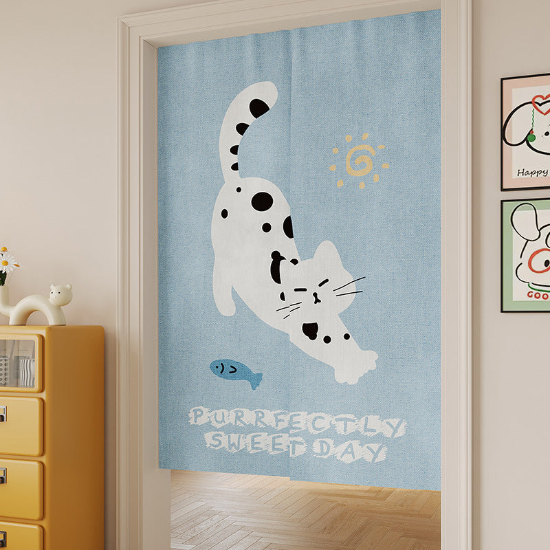 Split Noren Doorway Curtain with Cat-on-Sofa Illustration and Playful Yarn Motif