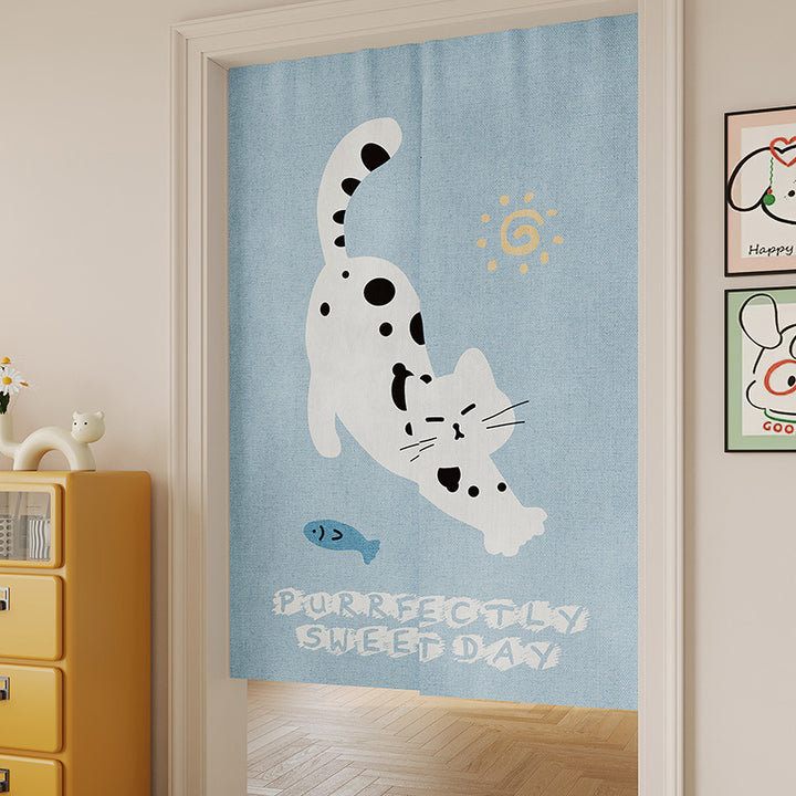 Split Noren Doorway Curtain with Cat-on-Sofa Illustration and Playful Yarn Motif