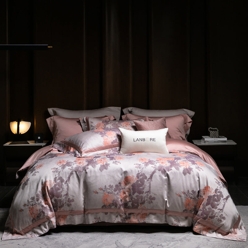 Floral Jacquard Sateen Bettbezug Set mit Wendbarem Seidigem Rücken und Besticktem Akzentkissen