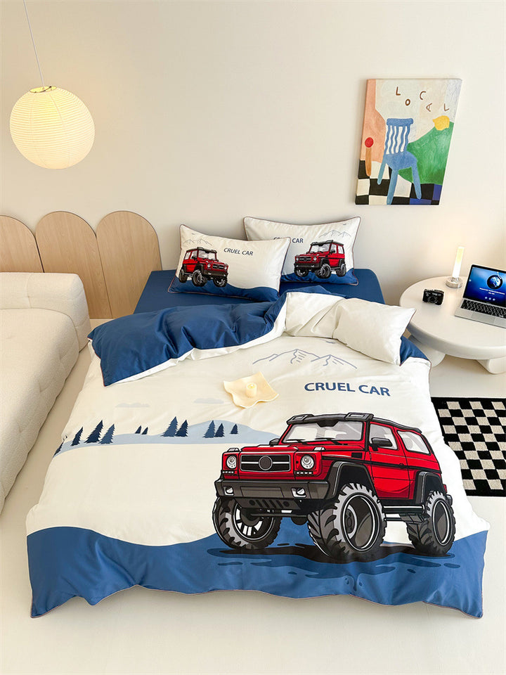 Kinder-Bettwäschegarnitur mit Offroad-Jeep Abenteuerillustration und weichem Baumwollmix