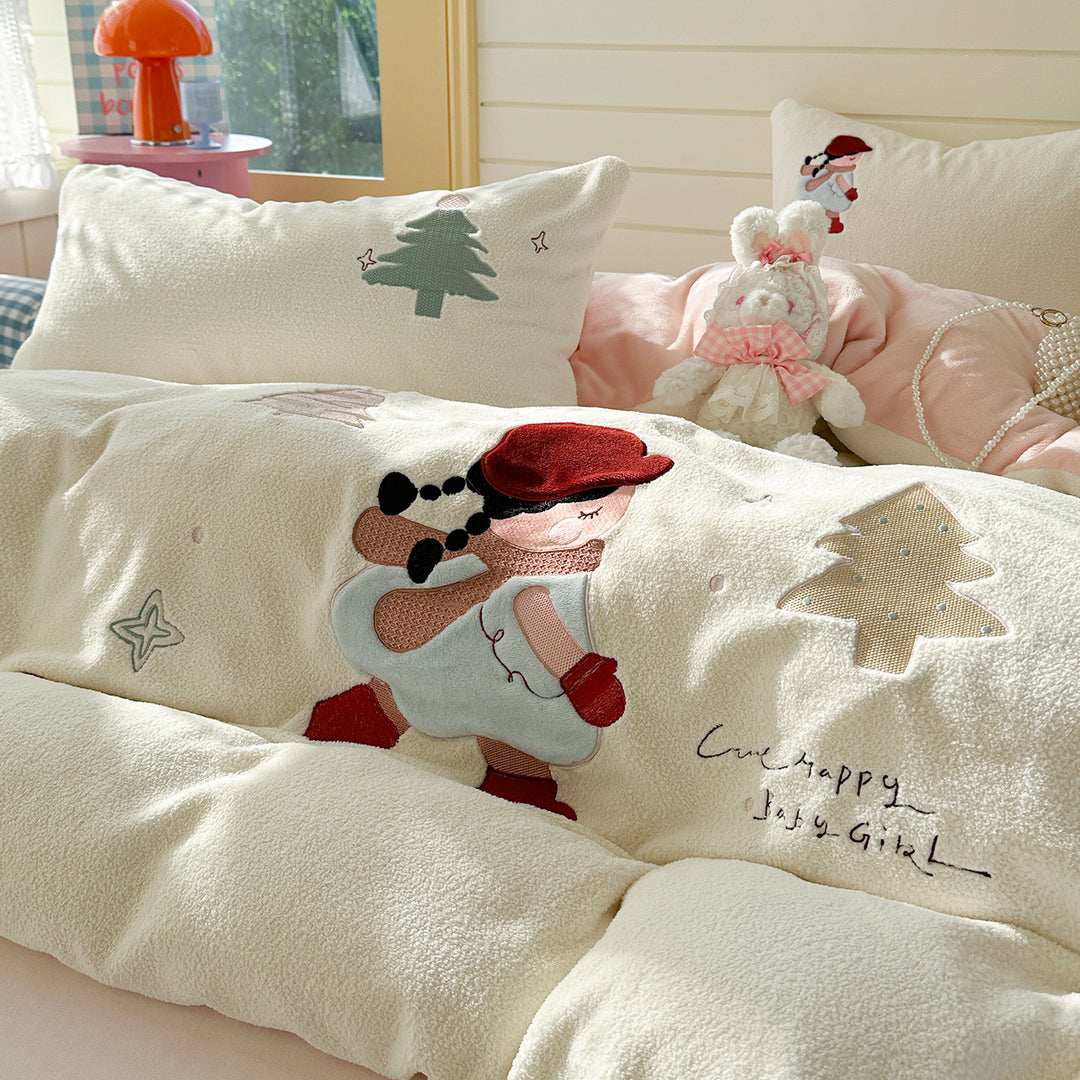 Plush Sherpa Embroidered Winter Cartoon Duvet Cover Set with Reversible Soft Lining and Pillow Shams