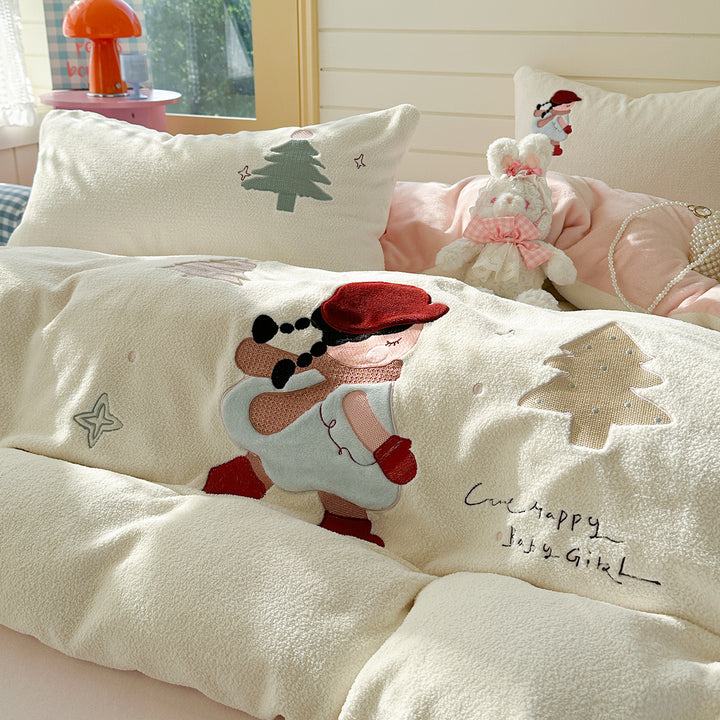 Plush Sherpa Embroidered Winter Cartoon Duvet Cover Set with Reversible Soft Lining and Pillow Shams
