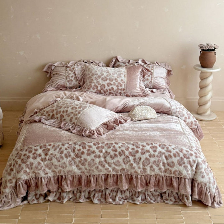 Rüsche Samt Leopard-Print Quilde Bettbezug Set