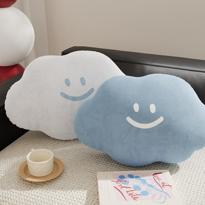 Cloud-Shaped Plush Decorative Throw Pillow with Smiley Face Velvet Cover