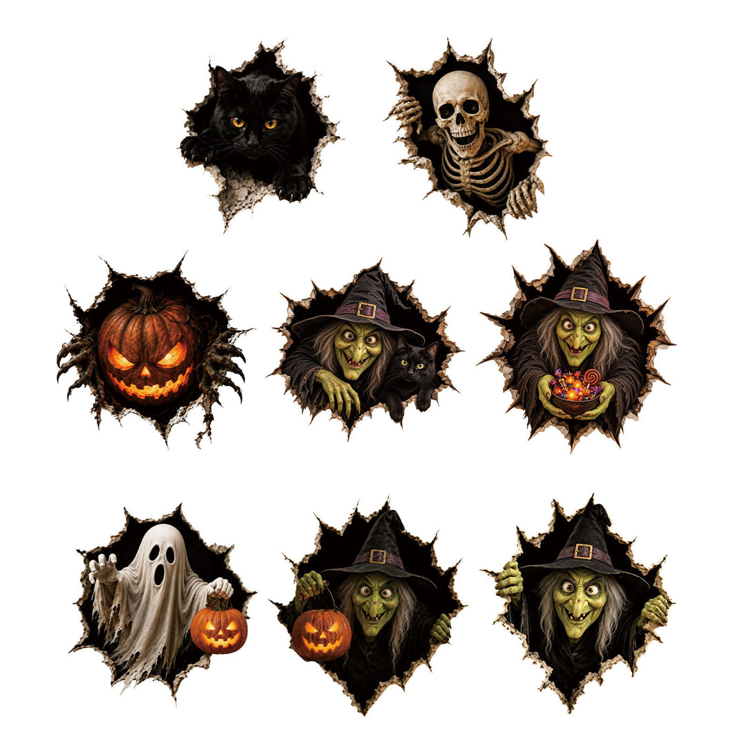Realistisches 3D Wandtattoo Halloween‑Hexe mit durchbrechender Wand und Süßigkeiten