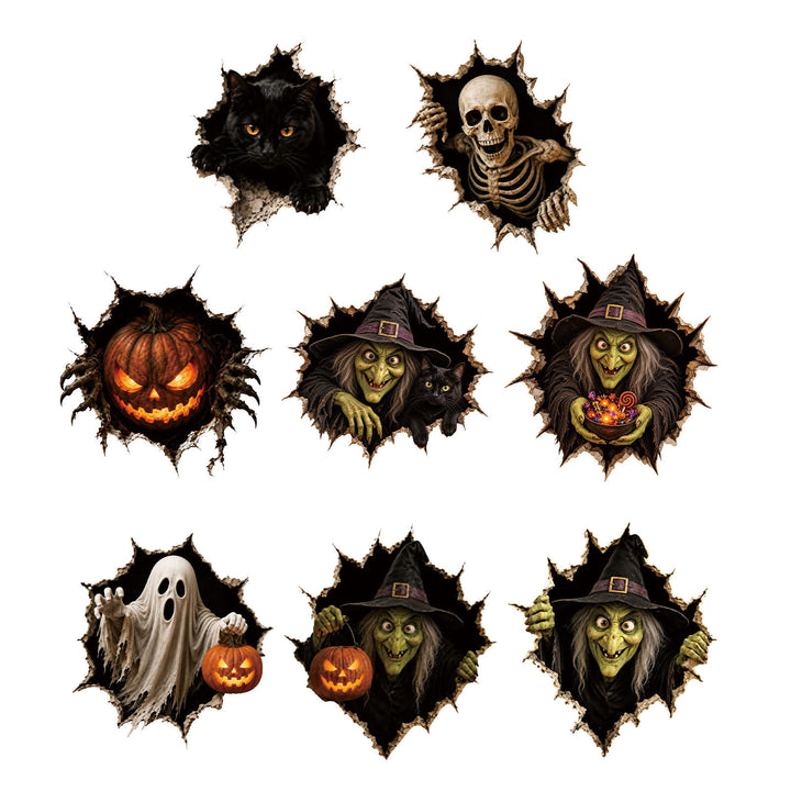 Realistisches 3D Wandtattoo Halloween‑Hexe mit durchbrechender Wand und Süßigkeiten
