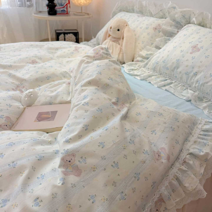 Rüschendes Teddy-Muster Baumwollsatin Bettdeckenbezug-Set mit wendbarem Blatt und Spitzeneinfassung Kissenbezüge