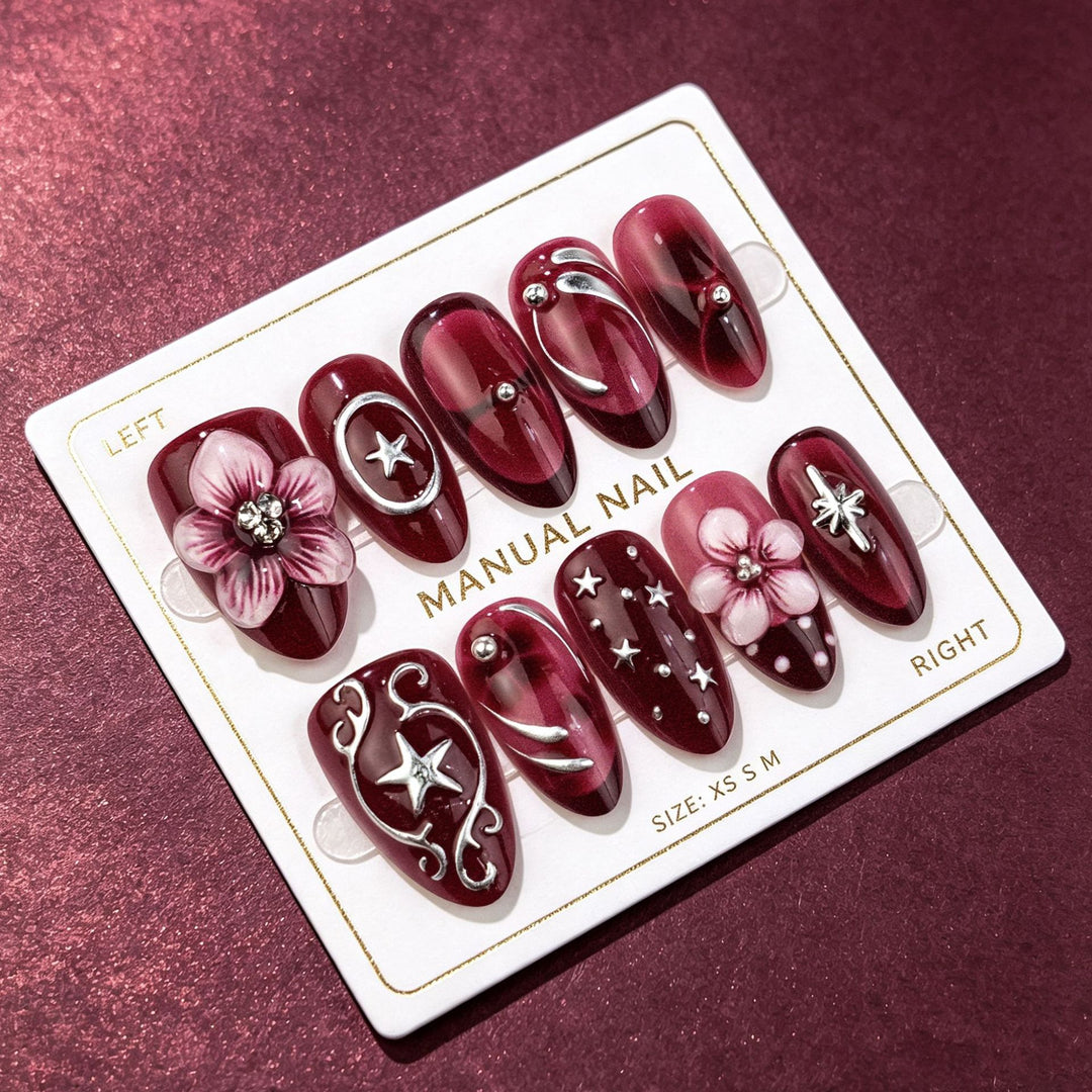 Künstlerisches Blumendruck-Press-On-Nagelkunstset