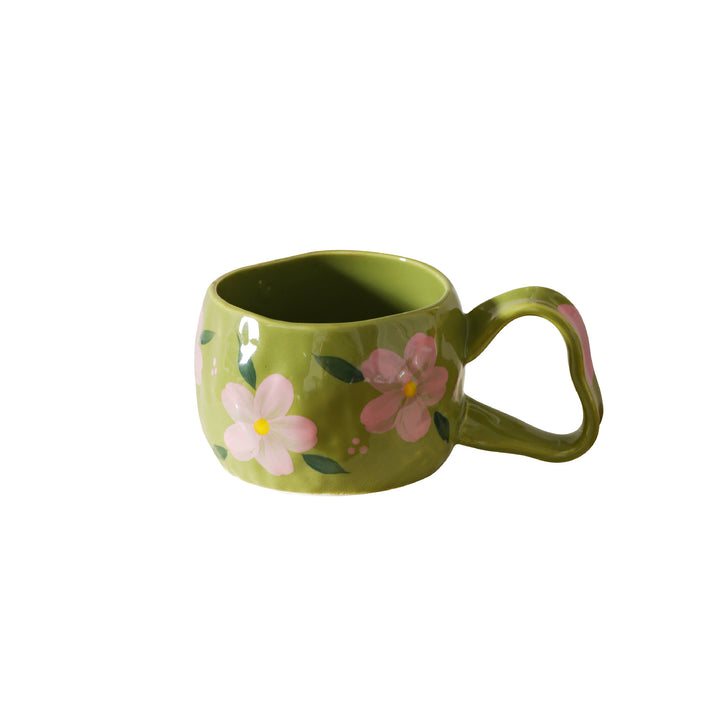 Keramikbecher mit handbemalten Streifen- und Blumen-Design