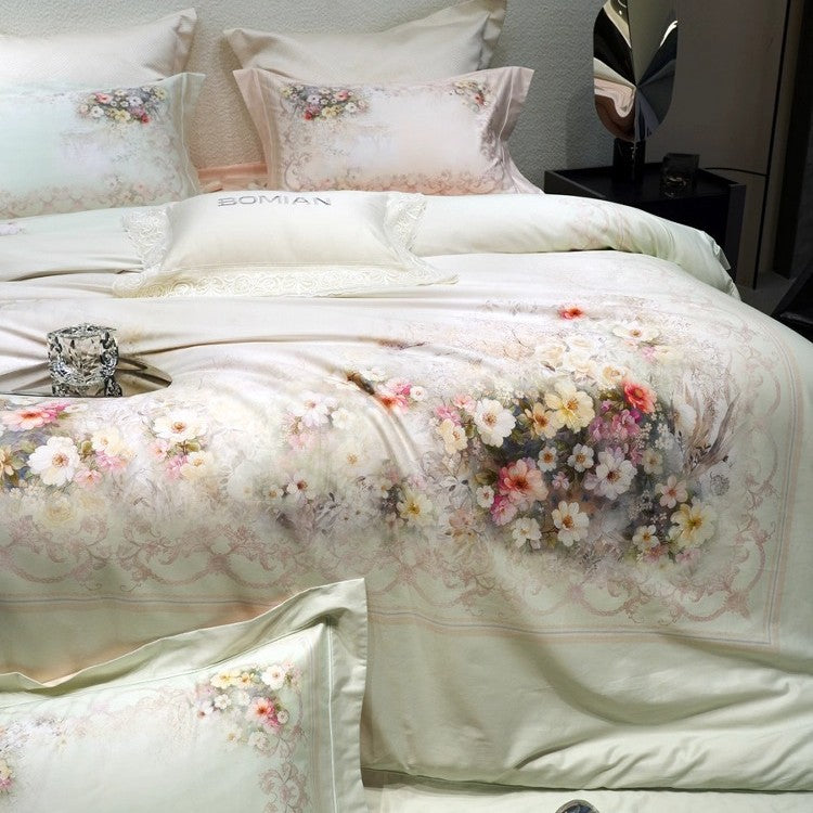 Luxuriöses Floral-Mikrofaser-Satin-Bettbezug-Set mit wendbaren dekorativen Kissenbezügen