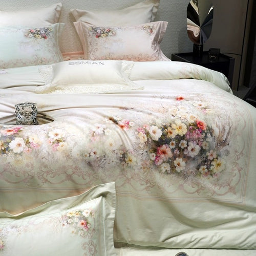 Luxuriöses Floral-Mikrofaser-Satin-Bettbezug-Set mit wendbaren dekorativen Kissenbezügen