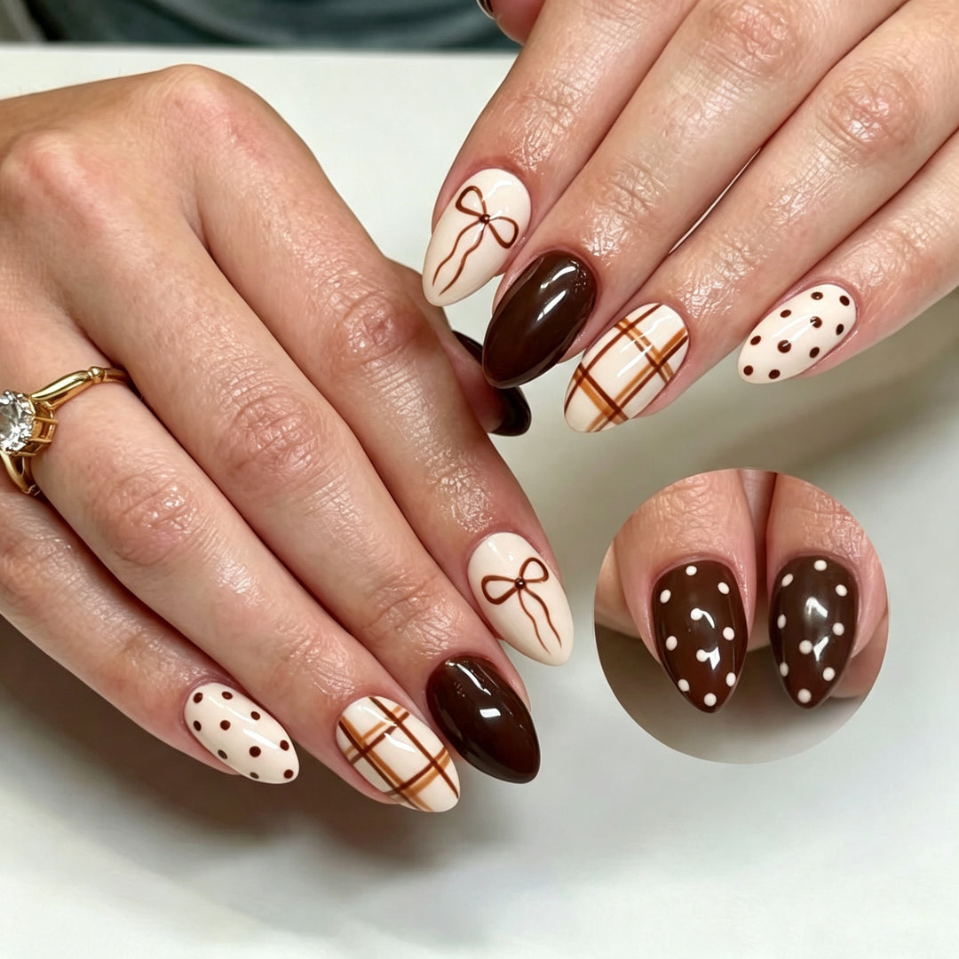 Dekoratives Press-On Nagelkunstset mit Schleifen- und Punkte-Designs Karnz