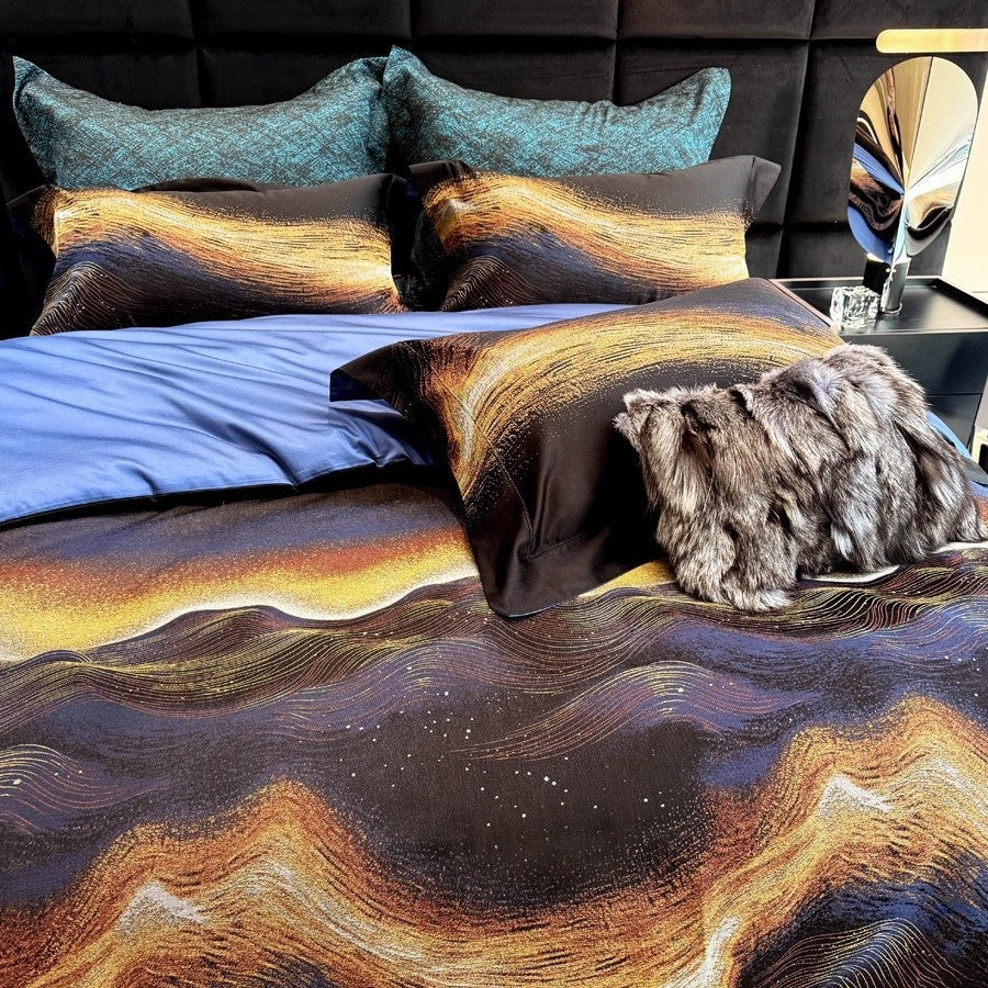 Premium Abstract Wave-Print Baumwollsatin Bettbezug Set mit Wendbarem Einfarbigem Rücken