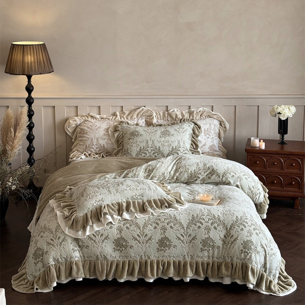Rüschensamtbesatz Jacquard Damast Bettbezug Set