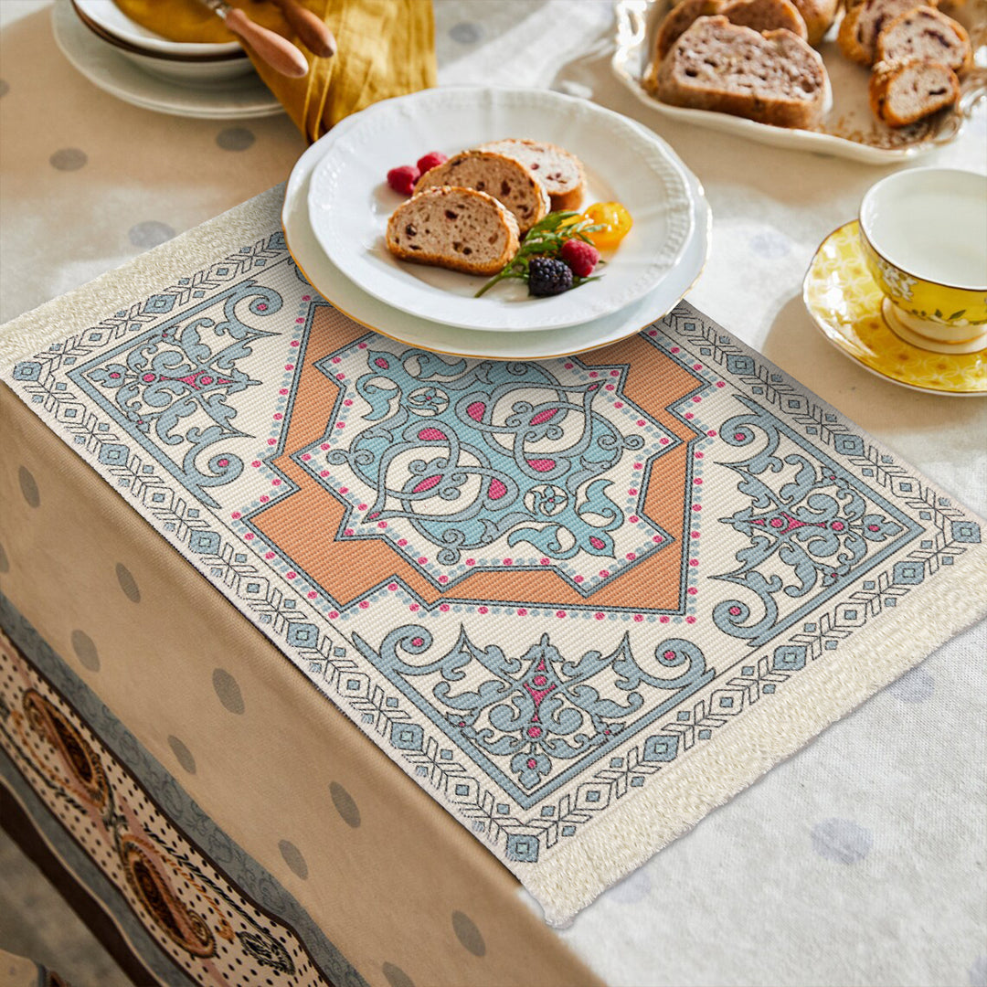 Rechteckiger Kurzflor‑Teppich im orientalischen Medaillon‑Design mit Fransen Karnz