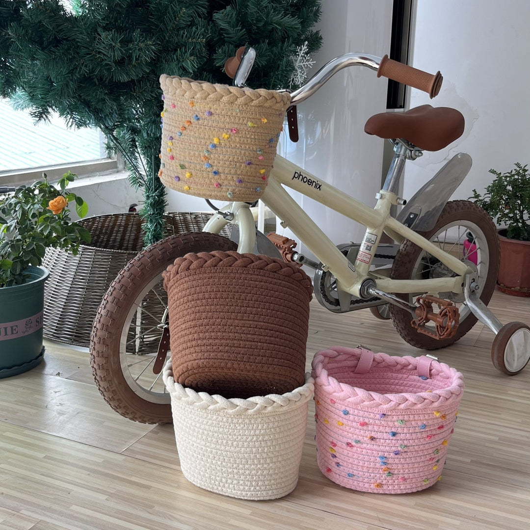geflochtenes Seil Fahrradkorb mit Pompon-Verzierungen und Lederlenker-Riemen Karnz