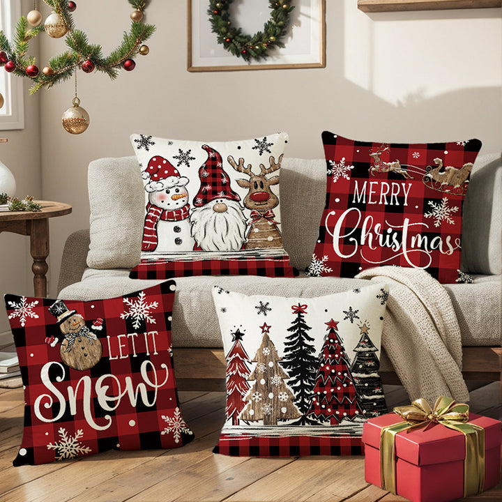 Festive Buffalo Plaid Quadrat Wurfkissenbezug mit 'Let It Snow' Schneemann Druck und verstecktem Reißverschluss