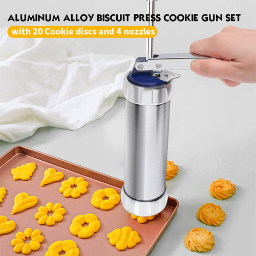 Adjustable Stainless Steel Cookie Press Set with Assorted Decorative Discs and Icing Nozzles