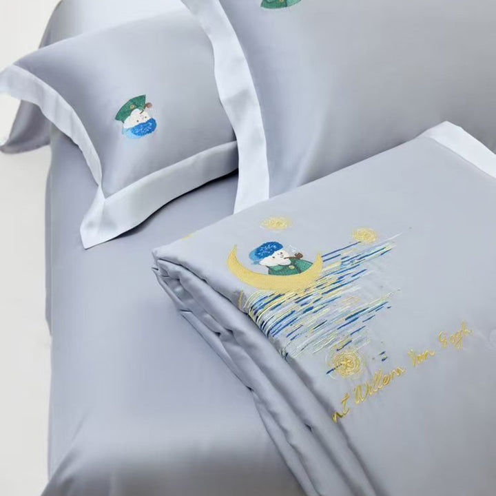 Satin-Bettwäsche-Garnitur mit illustrativer Portrait-Stickerei und feiner Satinkante