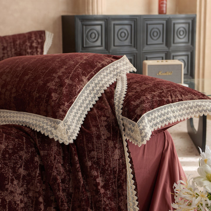 Crushed Velvet Lace-Trim Duvet Cover Set with Scalloped Pillow Shams