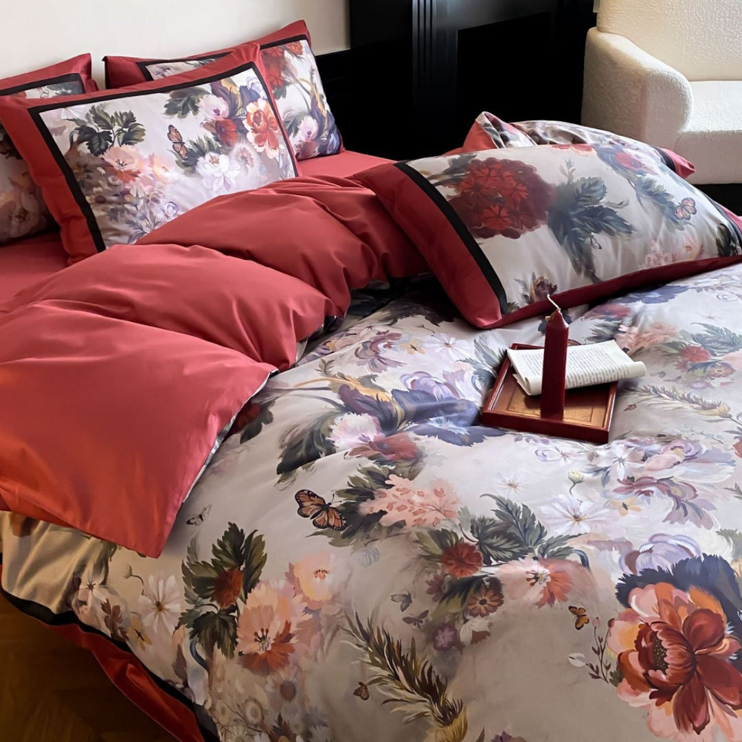 Luxuriöses Satin-Textur Blumen Bettbezug Set mit kontrastierender Bordüre und passenden Kissenbezügen