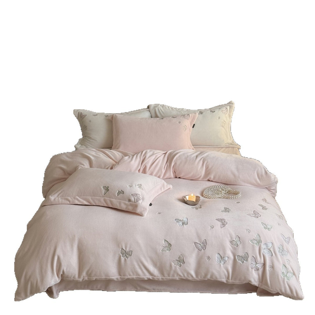 Bestickte Schmetterling Plüsch Mikrofaser Bettbezug Set