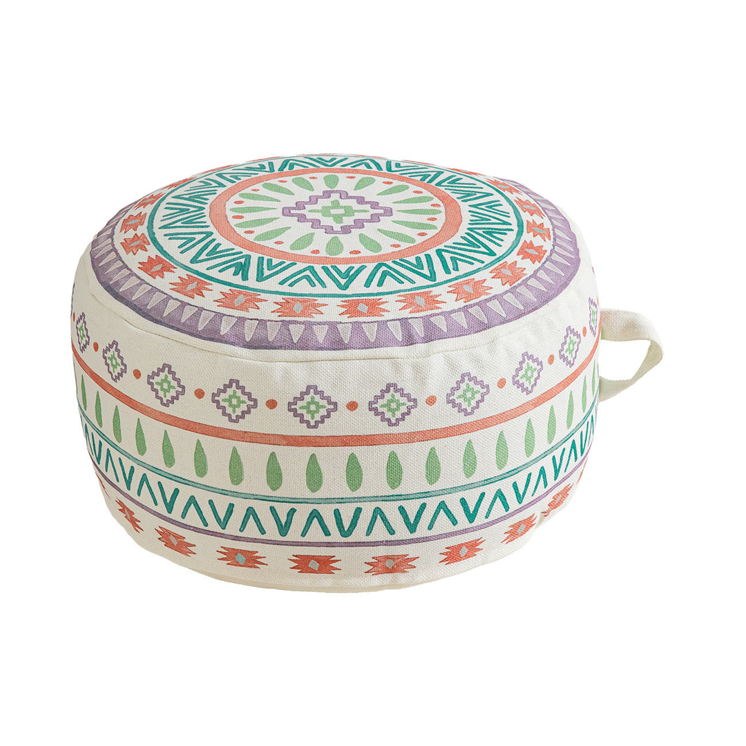 Rundes Sitzpouf mit gewebtem Baumwollbezug und ethnischem Mandala-Print Karnz
