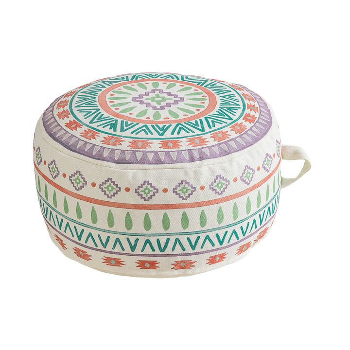 Rundes Sitzpouf mit gewebtem Baumwollbezug und ethnischem Mandala-Print Karnz