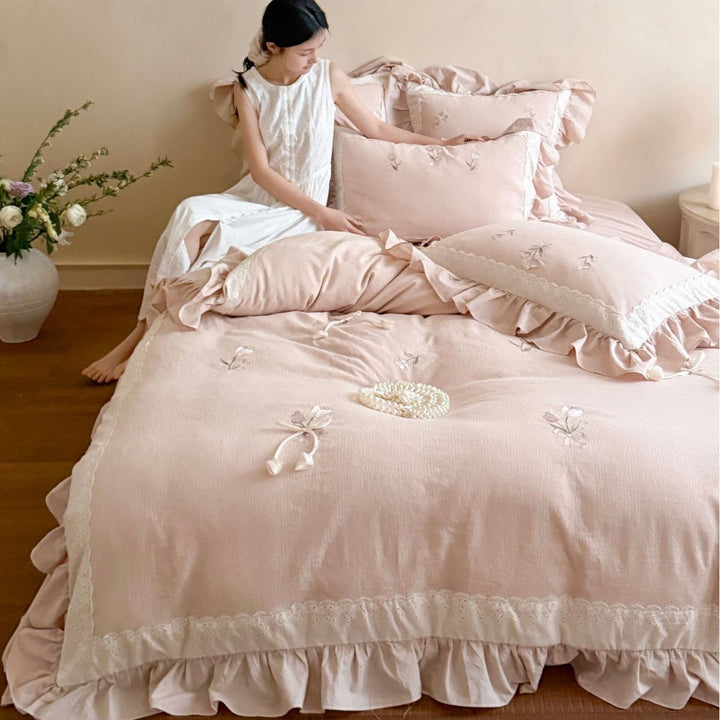 Embroidered Ruffle Cotton Duvet Cover Set