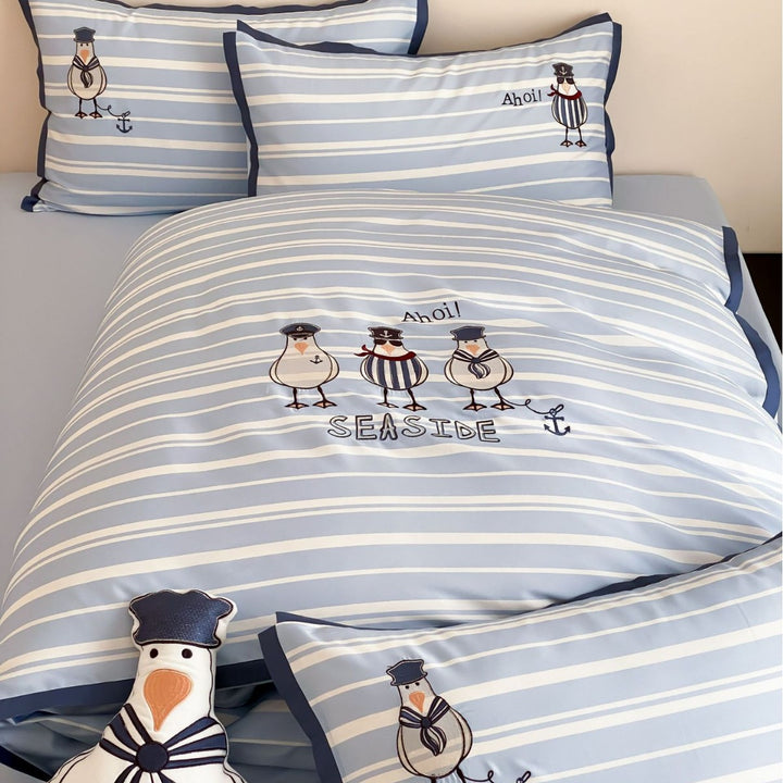 Seaside Stripe Baumwollsatin Bettbezug Set mit bestickten Möwe Kissenbezügen