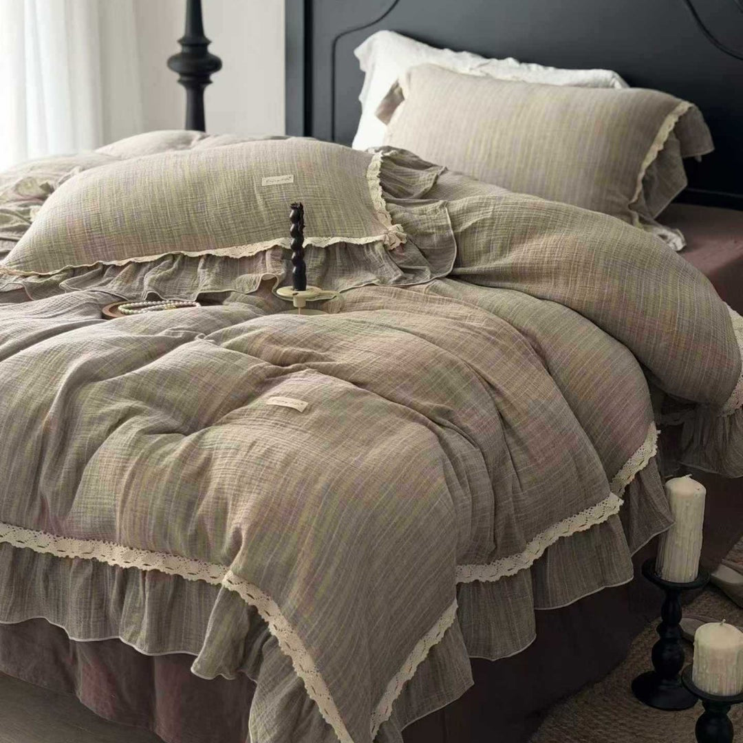 Vintage-Textured Gauze Duvet Cover Set with Layered Ruffle Hem & Crochet Lace Edge