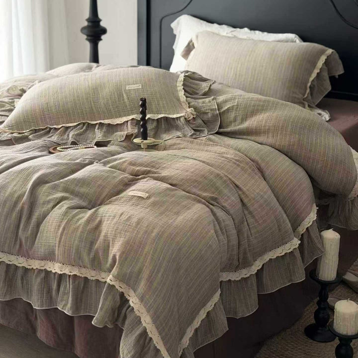 Vintage-Textured Gauze Duvet Cover Set with Layered Ruffle Hem & Crochet Lace Edge