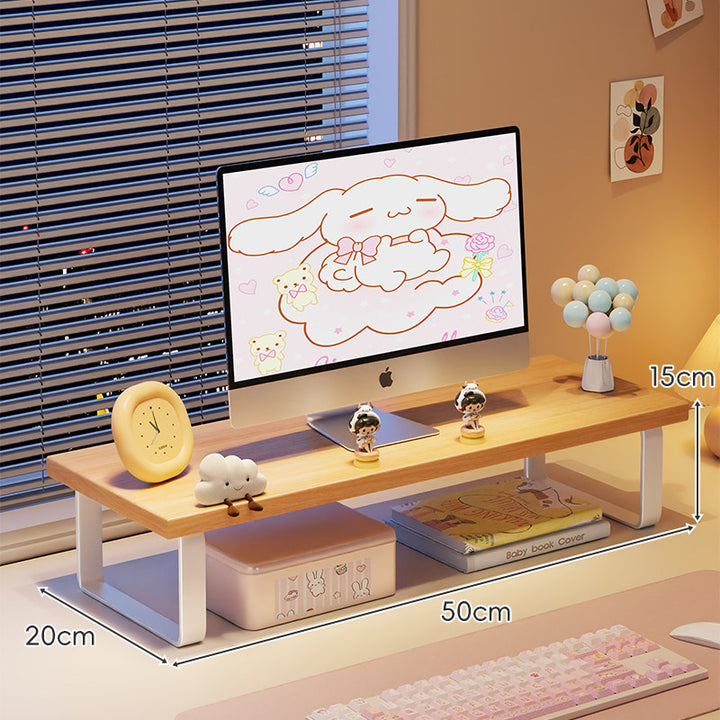 Kompakte Holz-Desktop-Monitorerhöhung mit Metallbeinen und unterer Ablagefläche