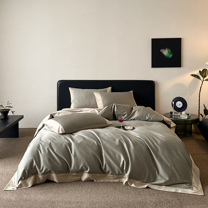 Premium-Baumwollsatin-Bettwäsche-Set mit feiner Kontrastpaspel und Hotelverschluss