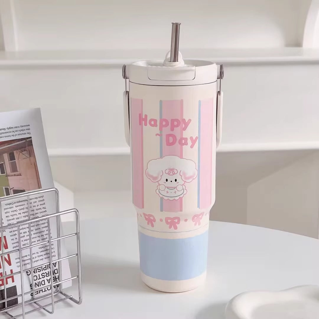 Damen Trinkbecher mit lustigem Motiv und integriertem Strohhalm Karnz