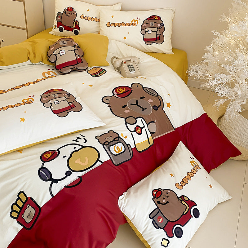 Kinder Cartoon Katze Baumwollsatin Bettbezug Set mit ohrförmigen Kissenbezügen und plüschigem Akzentkissen