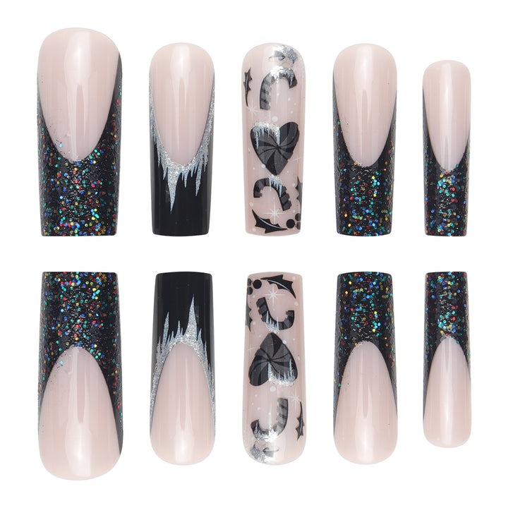 Künstlerisches Langes Stiletto Press-On-Nagelset mit Glitzer und Grafikdesign Karnz