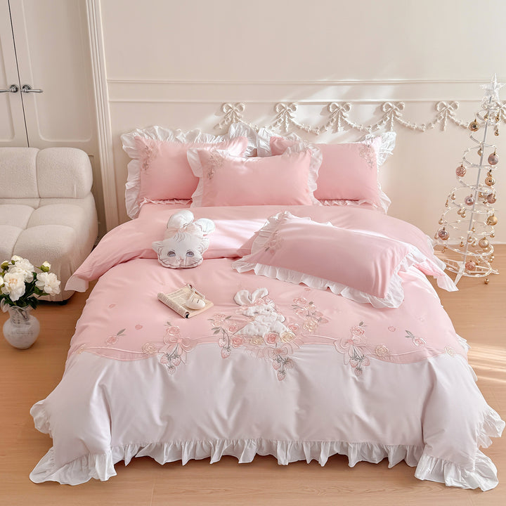 Embroidered Cotton-Sateen Ruffled Duvet Cover Set with Tailored Bedskirt & Decorative Pillow Shams