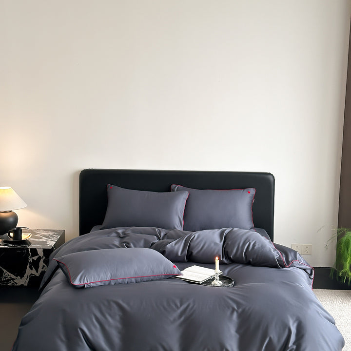 Luxus Satin Bettbezug Set mit kontrastierenden gepipten Kissenbezügen